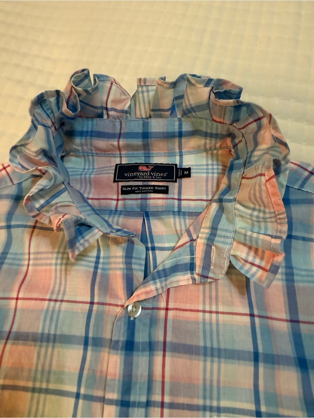 Upcycled Vineyard Vines Light Blue & Pink Plaid Button-Up Shirt -Size M - Picture 5 of 8